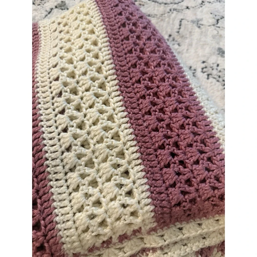 Handmade Crochet Afghan – Stunning Pink & Ivory- Cottage Core Granny 65x65